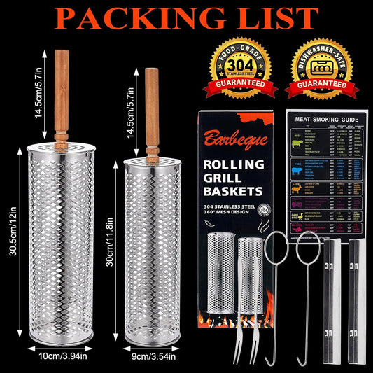 Rolling Grill Baskets(2 PCS),304 Stainless Steel with Removable Wooden Handle, Rolling Grilling Net for Vegetables, Shrimp, Fish, BBQ Accessories for Outdoor Cooking, Camping, Birthday Gifts for Men, Dad, Husband