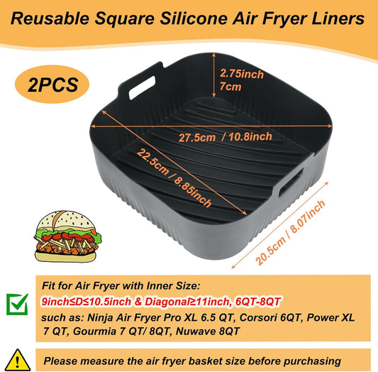 BYKITCHEN 9 Inch Square Silicone Air Fryer Liners for 6 to 8QT, Set of 2, Reusable Silicone Airfryer Tray Insert, Air Fryer Accessories for Corsori 6QT, Ninja Airfryer Pro XL 6.5QT, Gourmia & More