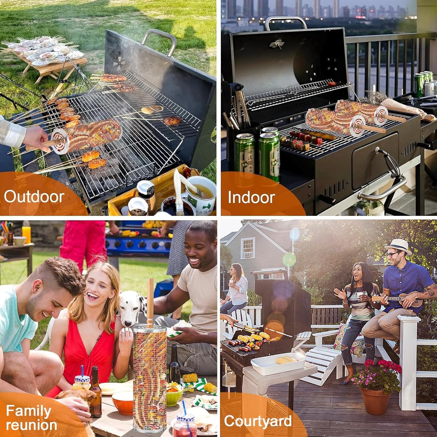 Rolling Grilling Baskets for Outdoor Grill 2 Pcs,Removable Wooden Handle,Perfect Gifts for Men Dad Husband,Portable Camping Nesting Grill Baskets for Fish, Shrimp, Meat, Vegetables