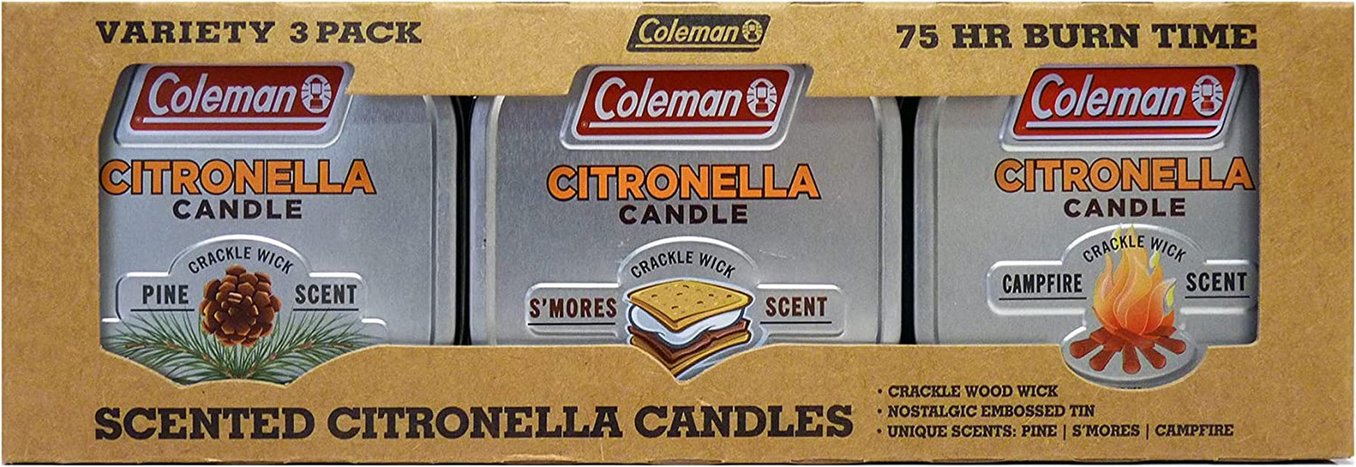 Coleman Scented Tin Citronella Candle - 3 Pack, S'Mores, Pine and Campfire