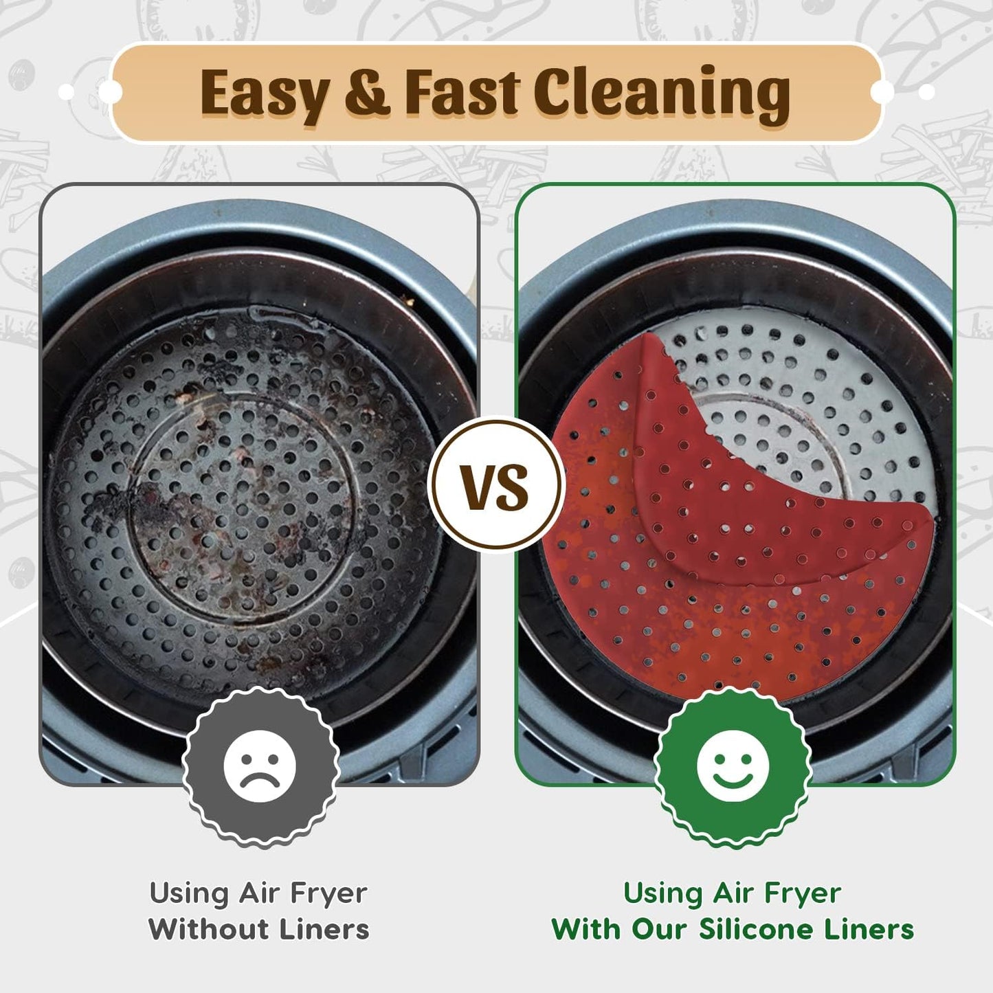 Reusable round Silicone Air Fryer Liners (9 Inch, 3 Pack) by Linda’S Essentials - Non-Stick, Easy-Clean Accessories with Cheat Sheet & Recipe Book, Perfect for Quick Meals