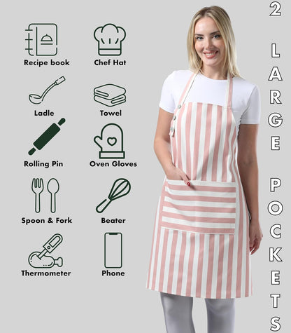 Kitchen Apron Waterdrop Resistant Cotton Apron with Adjustable Aprons for Women with Pockets Cooking Apron Chef Apron for Men (1, Powder Pink)
