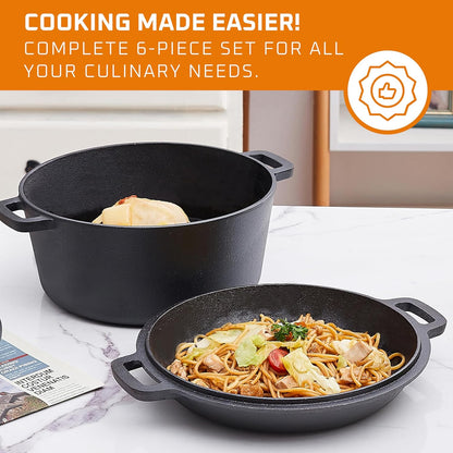 Pre Seasoned 6 Pcs Pots and Pans Set - Bruntmor Double Dutch Oven Crockpot - Cooking Set - Cast Iron Skillets and Square Grill Pan with Lid - Outdoor Camping Cookware - Kitchen Accessories
