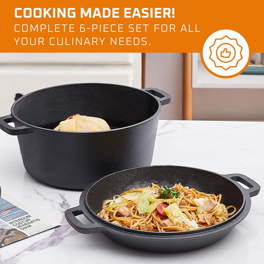 Pre Seasoned 6 Pcs Pots and Pans Set - Bruntmor Double Dutch Oven Crockpot - Cooking Set - Cast Iron Skillets and Square Grill Pan with Lid - Outdoor Camping Cookware - Kitchen Accessories