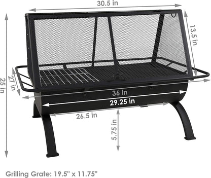 Sunnydaze 36-Inch Northland Steel Outdoor Fire Pit - Outdoor Fireplace for Patio with Grill, Spark Screen, and Protective Cover