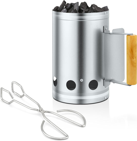 Joyfair Charcoal Chimney Starter with Clamp Set, Portable BBQ Grill Fire Starter for Outdoor Camping/Grilling/Cooking, Heavy Duty & Air Inlet Design, Heat Shield & Wooden Handle, plus Screwdriver