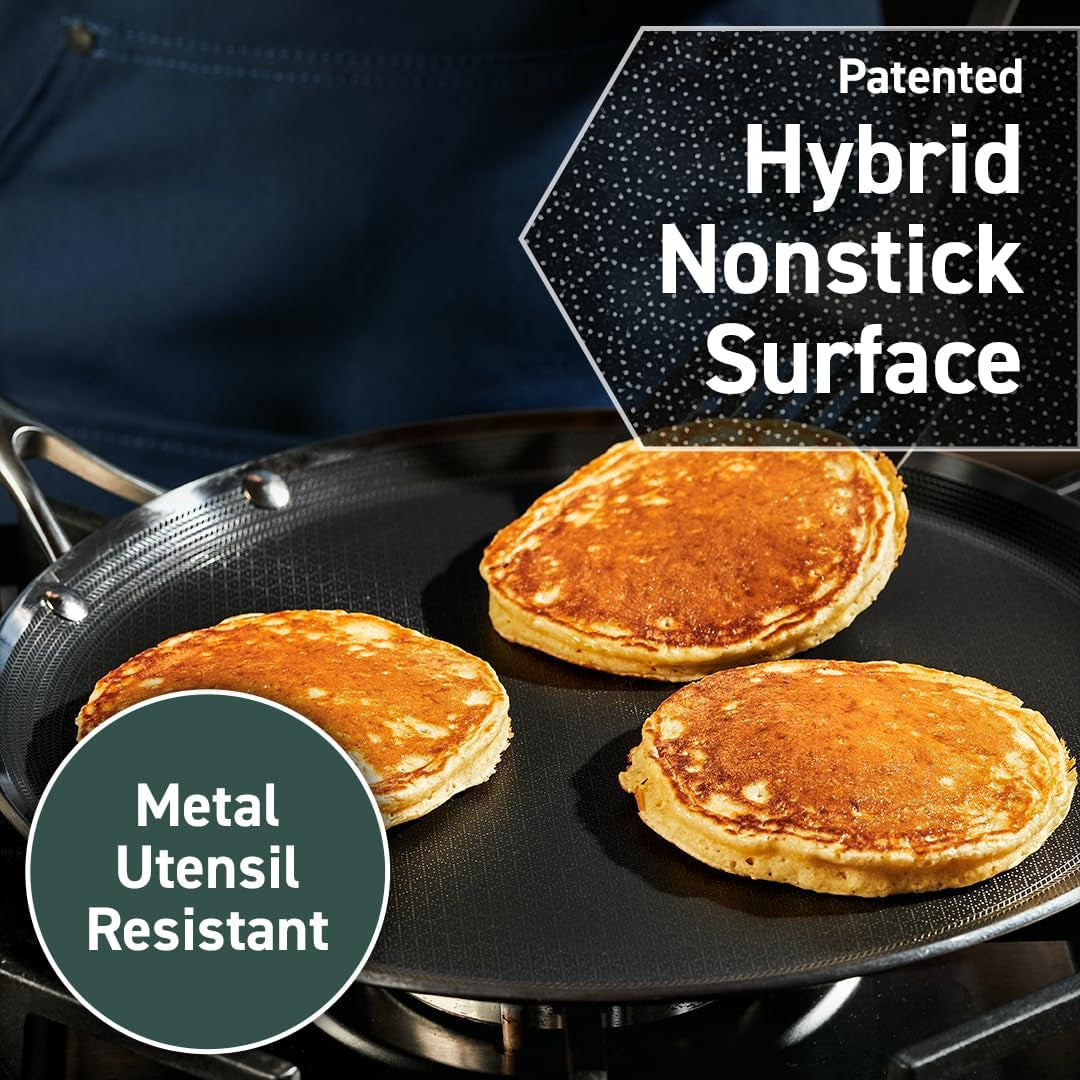 Hexclad Hybrid Nonstick 13-Inch Griddle Pan, Stay-Cool Handle, Dishwasher-Friendly, Oven-Safe up to 900°F, Induction Ready, Compatible with All Cooktops
