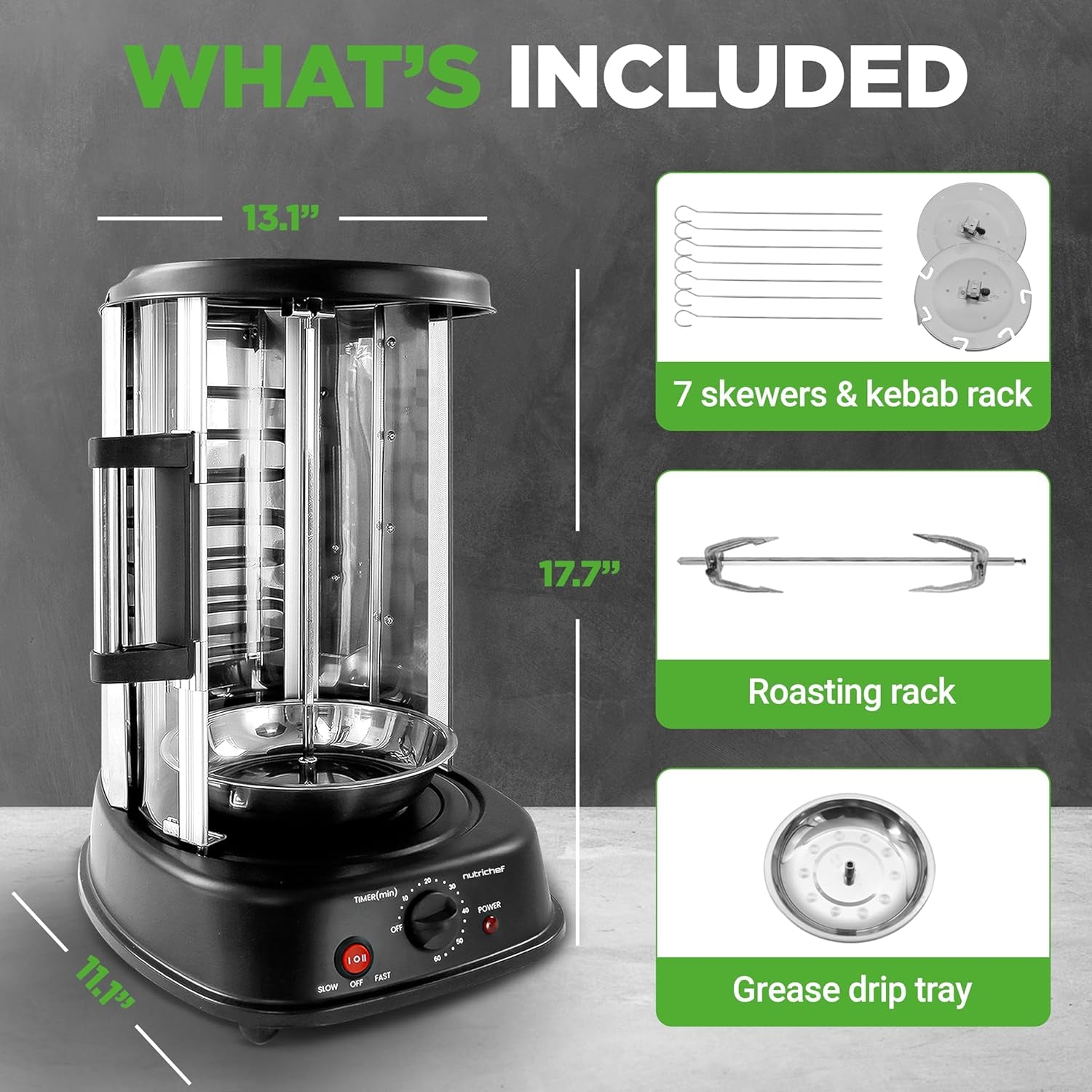 Nutrichef Vertical Rotating Turkey & Shawarma Oven | Rotisserie, Shawarma, & Kebab Machine | Stain-Resistant, Energy-Efficient | Heat-Resistant Door | Includes Kebab Rack & 7 Skewers | Stainless Steel