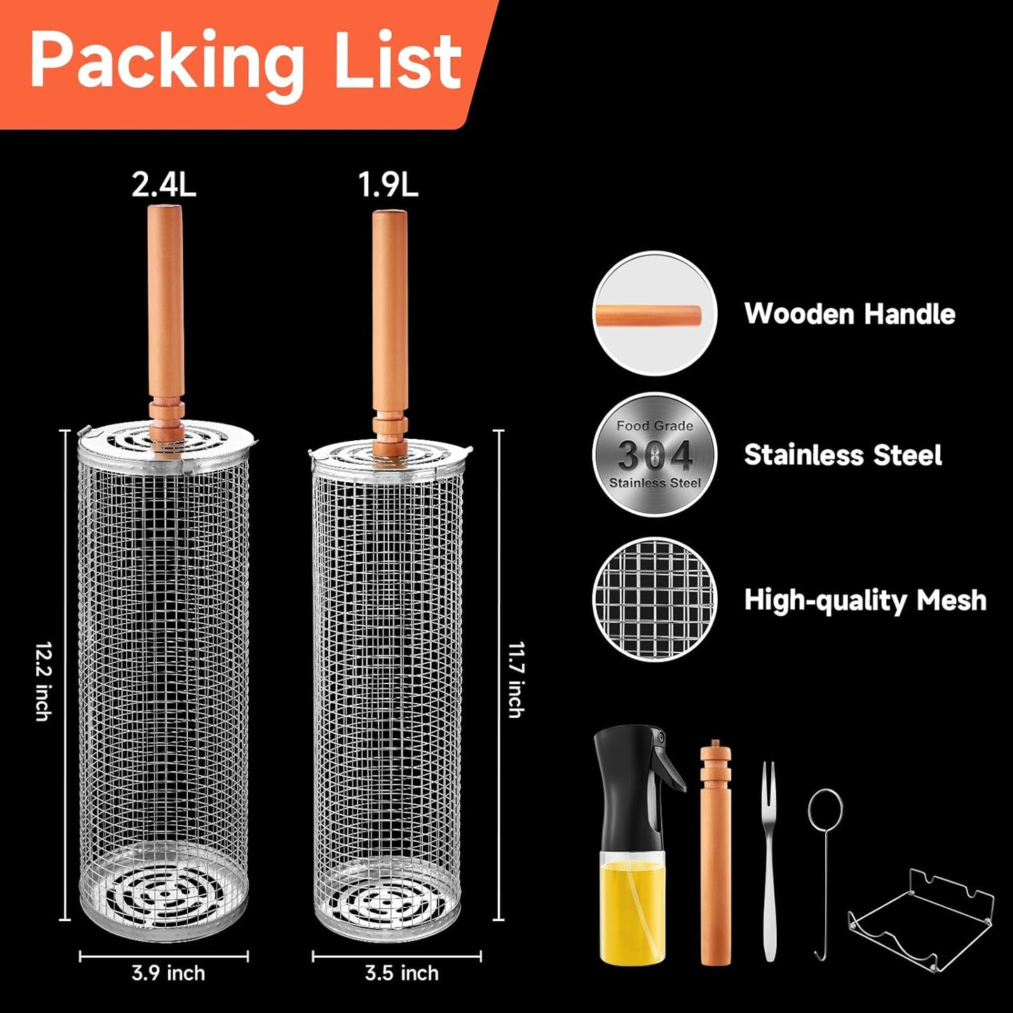 Rolling Grill Basket for Outdoor Grill 2 PCS, BBQ Grilling Gifts for Men Dad Husband, Stainless Steel Grill Mesh Barbeque Grill Accessories, Grilling Net with Wooden Handle & Stands, Outdoor Camping Tools for Chicken, Meat, Fish, Steak, Vegetables, Seafood