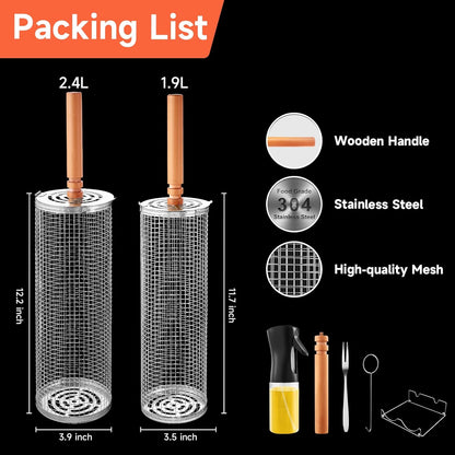 Rolling Grill Basket for Outdoor Grill 2 PCS, BBQ Grilling Gifts for Men Dad Husband, Stainless Steel Grill Mesh Barbeque Grill Accessories, Grilling Net with Wooden Handle & Stands, Outdoor Camping Tools for Chicken, Meat, Fish, Steak, Vegetables, Seafood