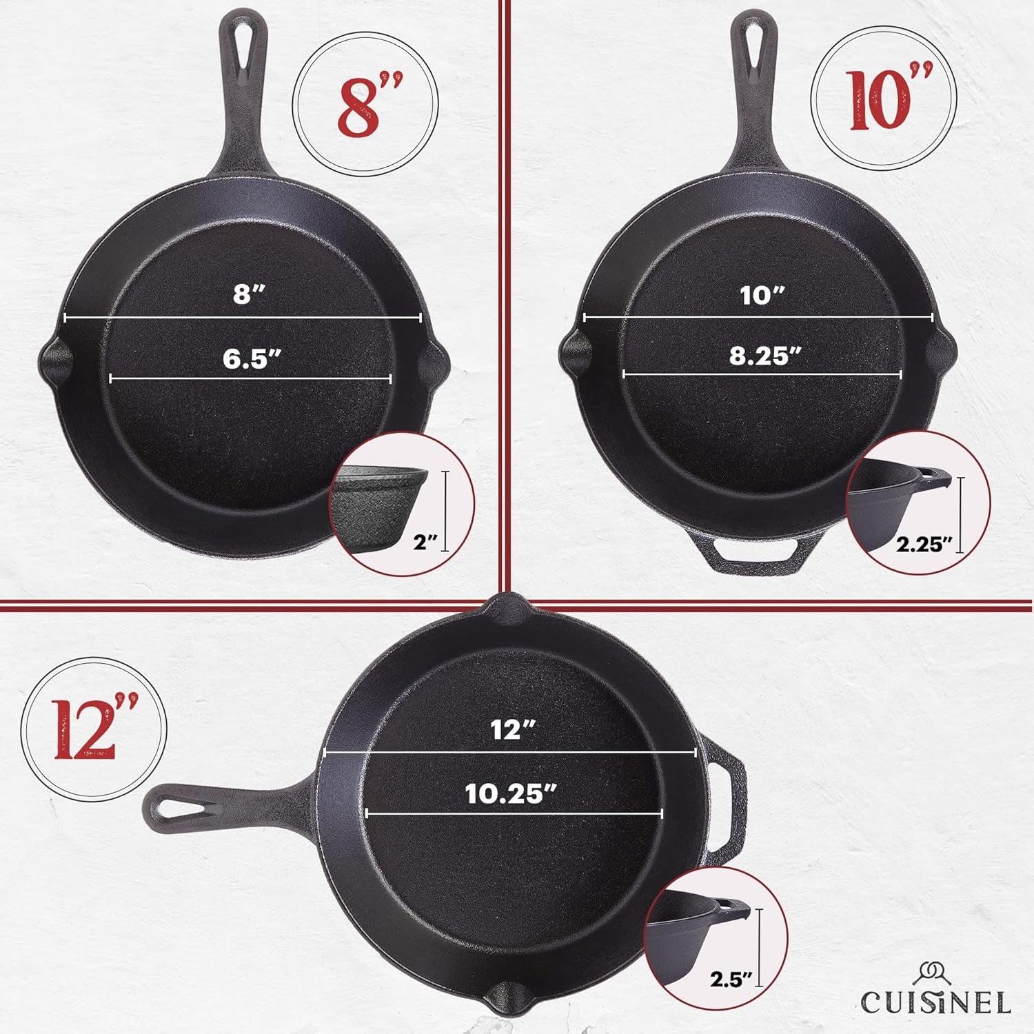 Cuisinel Cast Iron Skillets Set with Lids - 8"+10"+12"-Inch Pre-Seasoned Covered Frying Pan Set + Silicone Handle and Lid Holders + Scraper/Cleaner - Use Cookware Indoor/Outdoor, Oven, Stovetop, Fire