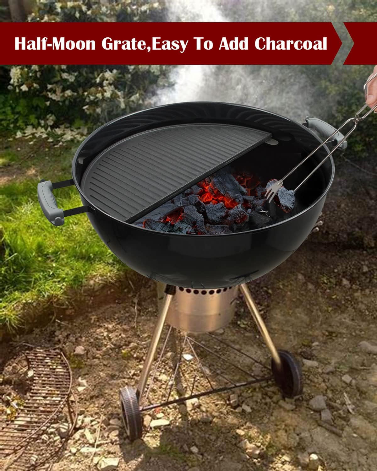 Kamaster 22" Half Moon Cast Iron Cooking Grate Grill Accessory Replaces for Weber Charcoal Grill Half Moon Grate+Griddle+4 Support Extension,Cooking Grate for Weber 22