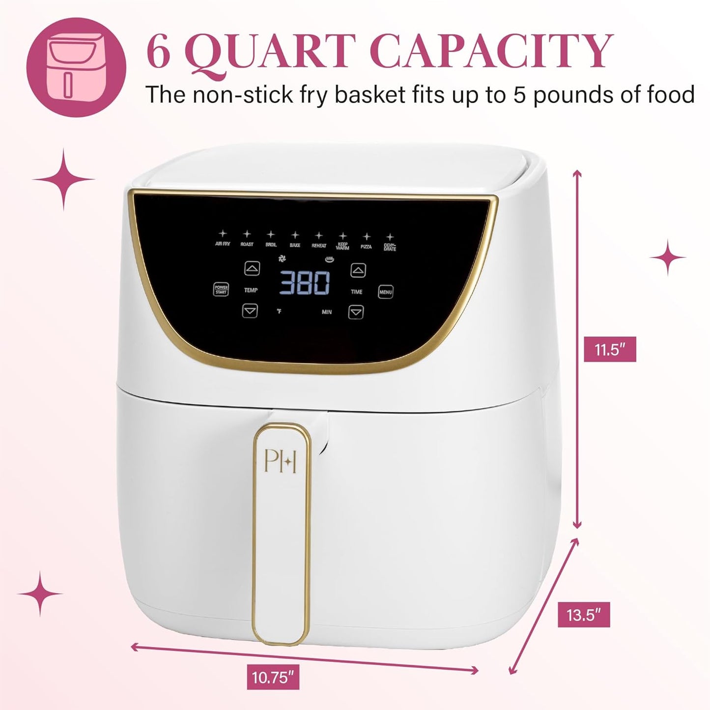 Paris Hilton Air Fryer, Large 6-Quart Capacity, Nonstick Made without PFAS, Touchscreen Display, 8-In-1 (Air Fry, Roast, Broil, Bake, Reheat, Keep Warm, Pizza, Dehydrate), Dishwasher Safe, White