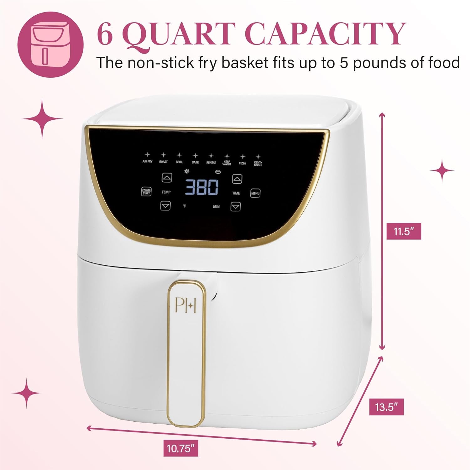 Paris Hilton Air Fryer, Large 6-Quart Capacity, Nonstick Made without PFAS, Touchscreen Display, 8-In-1 (Air Fry, Roast, Broil, Bake, Reheat, Keep Warm, Pizza, Dehydrate), Dishwasher Safe, White