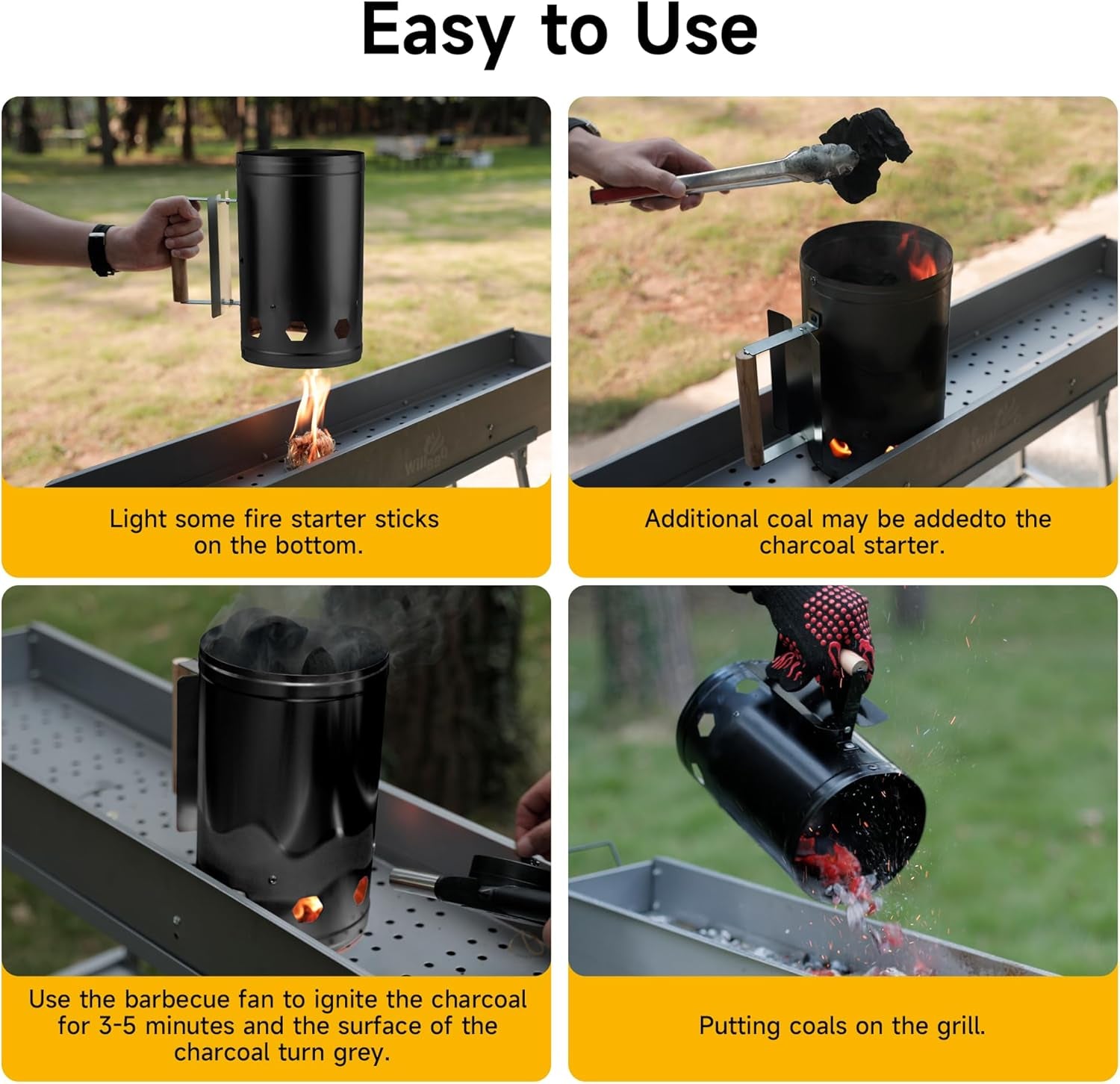 Charcoal Chimney Starter, Heavy Duty Premium Chimney Starter for Charcoal Grills BBQ Accessory with Heat Resistant Wooden Handle for Outdoor Grill Camping (‌Black)