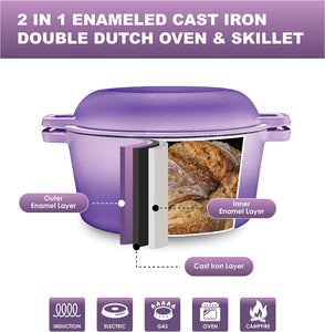 Bruntmor 2-In-1 Enamel Cast Iron Dutch Oven with Handles - Crock Pot Purple Cast Iron Pot with Skillet Lid - All-In-One Cookware Braising Pan for Casserole Dish - 5 Quart, Purple