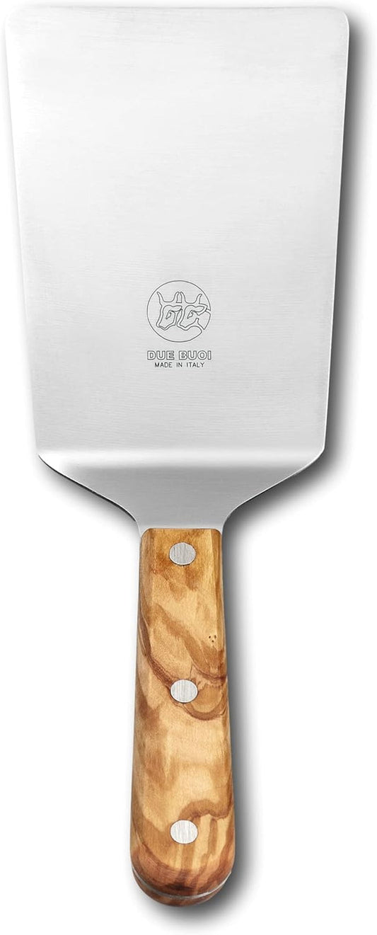 DUE BUOI Wide Spatula Olive Wood Handled and Stainless Steel Rivets - Blade 4" X 6.1/3" - Good for Burger Kitchen Bbq Grill Griddle Pastry. Non-Stick Durable. ICQ Approved.