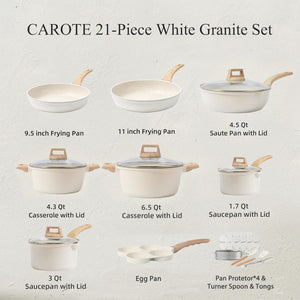 CAROTE 21Pcs Pots and Pans Set, Nonstick Cookware Sets, White Granite Induction Cookware Non Stick Cooking Set W/Frying Pans & Saucepans(Pfos, PFOA Free)