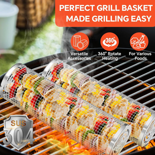 BBQ Basket 2 PCS, Stainless Steel Rolling Grill Mesh for Fish, Shrimp, Meat, Vegetables, Fries - Portable Barbeque Accessories for Outdoor Grilling