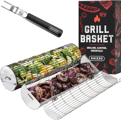 Rolling Grill Basket, New Opening Design, Extra Sturdy Cylinder Grilling Basket, Food Grade Stainless Steel, Large Portable Outdoor Camping Accessories BBQ Net Rack, Cooking Griller for Fish, Vegetables, and More - Gifts for Men Dad Husband - Set of 2