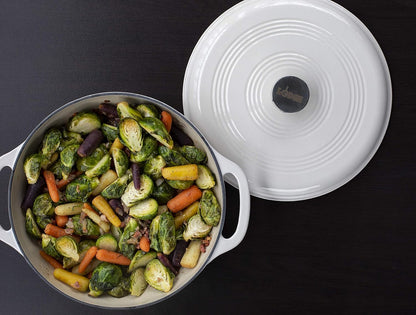 Lodge 6 Quart Enameled Cast Iron Dutch Oven with Lid – Dual Handles, Oven Safe up to 500°F, Stovetop Compatible – Marinate, Cook, Bake, Refrigerate & Serve – Oyster White