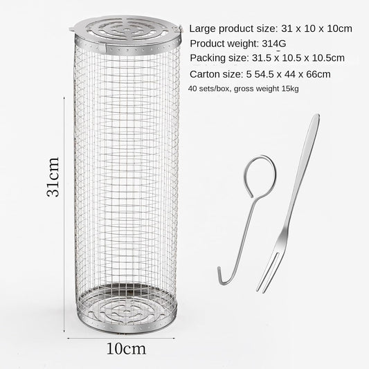 Rolling Barbecue Cage Large Stainless Steel Grilling Basket for Outdoor BBQ Mesh Net Tube Cooking Accessories for Vegetable Fish Camping Gift for Men Dad Husband Housewarming Perfect BBQ Tool