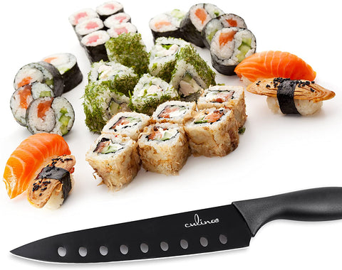 Image of Culina® 8-Inch Nonstick Carbon Steel Sushi Knife with Sheath, Black - Livananatural