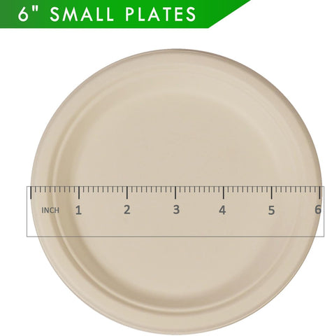 Image of Greenworks 100 Count 6“ Small Compostable Dessert Plates, Heavy-Duty Unbleached Biodegradable Bagasse and Bamboo Fiber Paper Plates