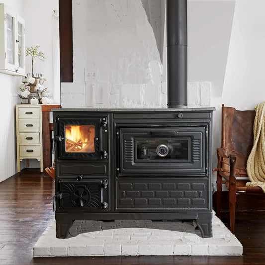 Cast Iron Stove with Oven, Durable Cast Baking Oven, Cooker Oven by Burning Wood, Warming Heater Stove, Oven Section with Thermometer, Brick Lined Fireplace Made in Turkiye (Black-With-Window)