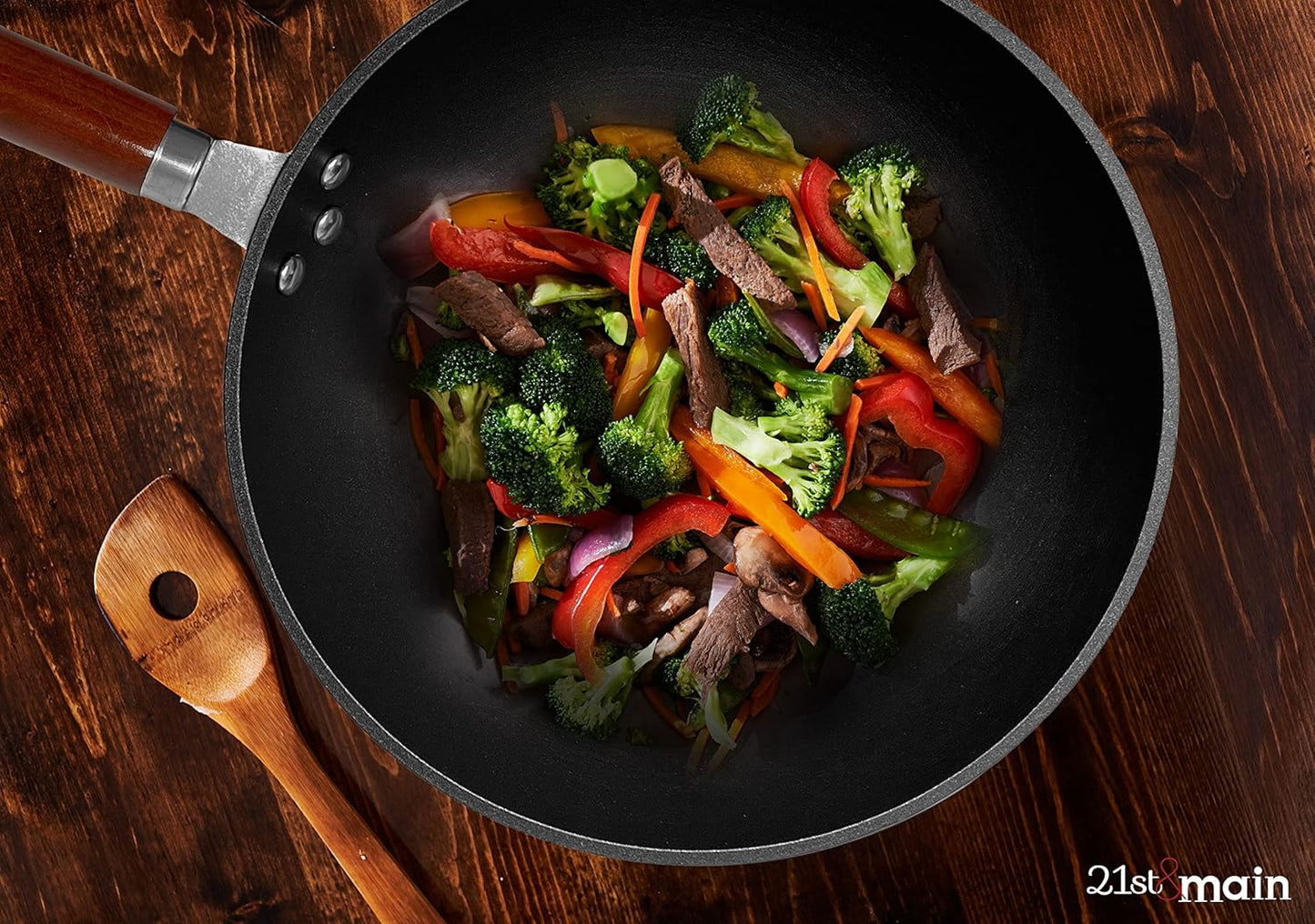 21St & Main Wok, Stir Fry Pan, Wooden Handle, 11 Inch, Lightweight Cast Iron, Chef’S Pan, Pre-Seasoned Nonstick, for Chinese Japanese and Other Cooking