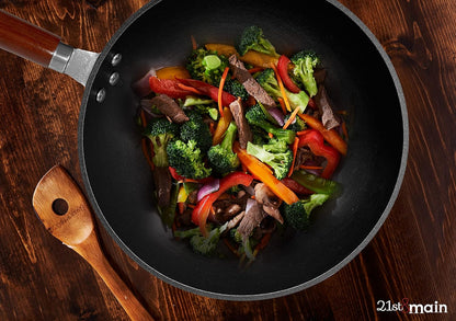 21St & Main Wok, Stir Fry Pan, Wooden Handle, 11 Inch, Lightweight Cast Iron, Chef’S Pan, Pre-Seasoned Nonstick, for Chinese Japanese and Other Cooking