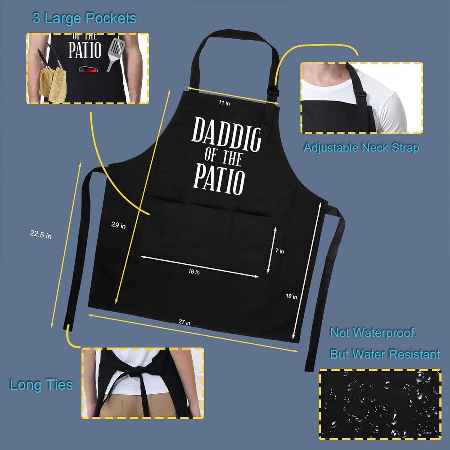 Miracu Grill Apron for Daddy - Daddio of the Patio - Dad Gifts from Daughter, Son - Funny Fathers Day, Birthday Gifts for Dad, Best Step Daddy, Father in Law - Papa Aprons for Grilling BBQ Cooking