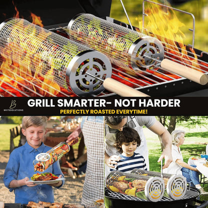 Lockable Nesting Grill Baskets for Outdoor Grill(2Pcs) - Detachable Handle - Hinge Lock Lid - Heavy Duty Stainless Steel Rolling Grilling Basket - Vegetable Grill Basket - Perfect BBQ Gift & Accessory