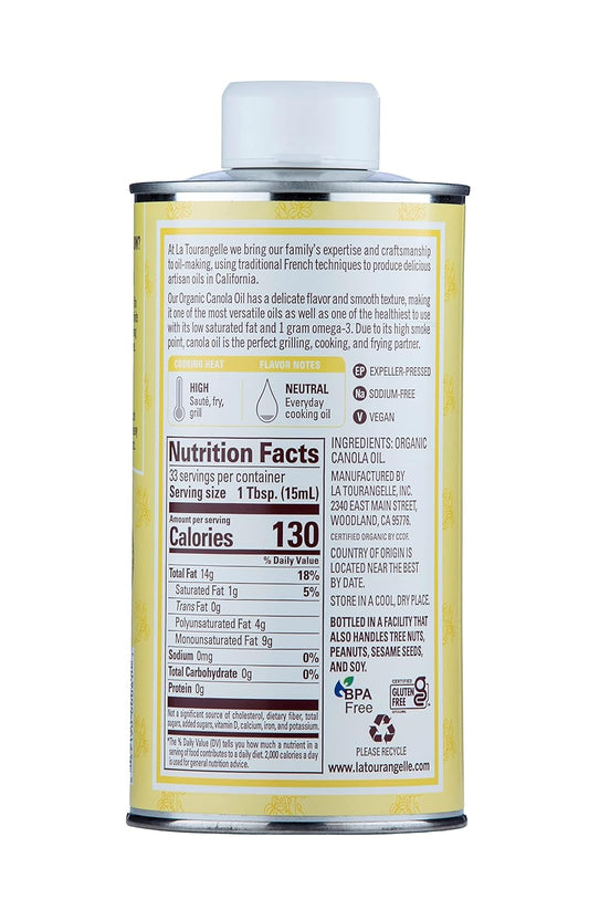 La Tourangelle, Organic Canola Oil, Expeller-Pressed Non-Gmo Canola Seeds, Pesticide and Chemical Free, High Heat Neutral Cooking Oil, 16.9 Fl Oz