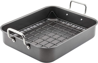 Rachael Ray Bakeware Nonstick Roaster/Roasting Pan with Reversible Rack, 16.5 Inch X 13.5 Inch, Gray