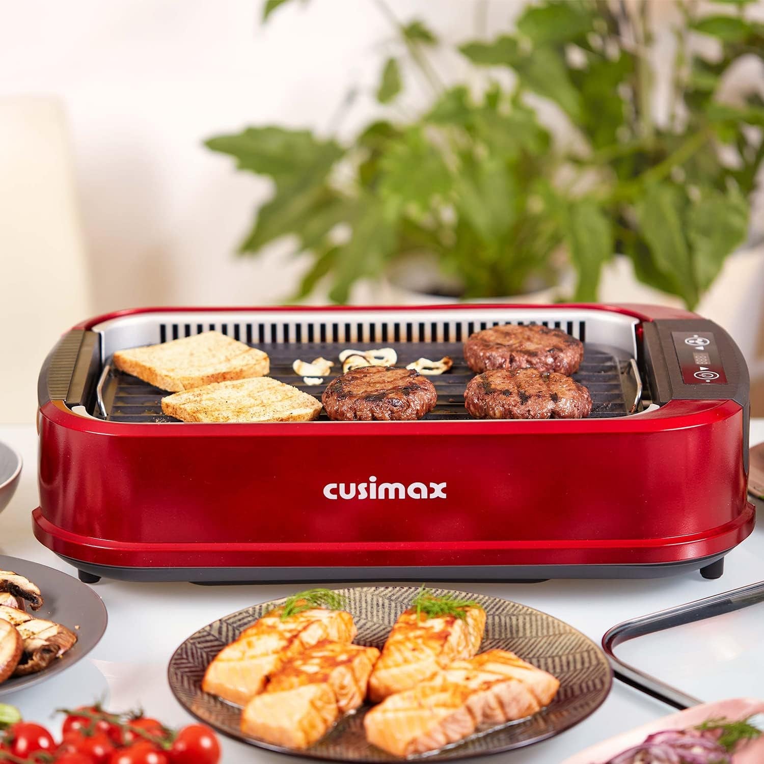 Indoor Grill, CUSIMAX Smokeless Grill Indoor, Electric Grill Griddle, 1500W Korean BBQ Grill with LED Smart Display & Tempered Glass Lid, Non-Stick Removable Grill Plate & Griddle Plate, Red