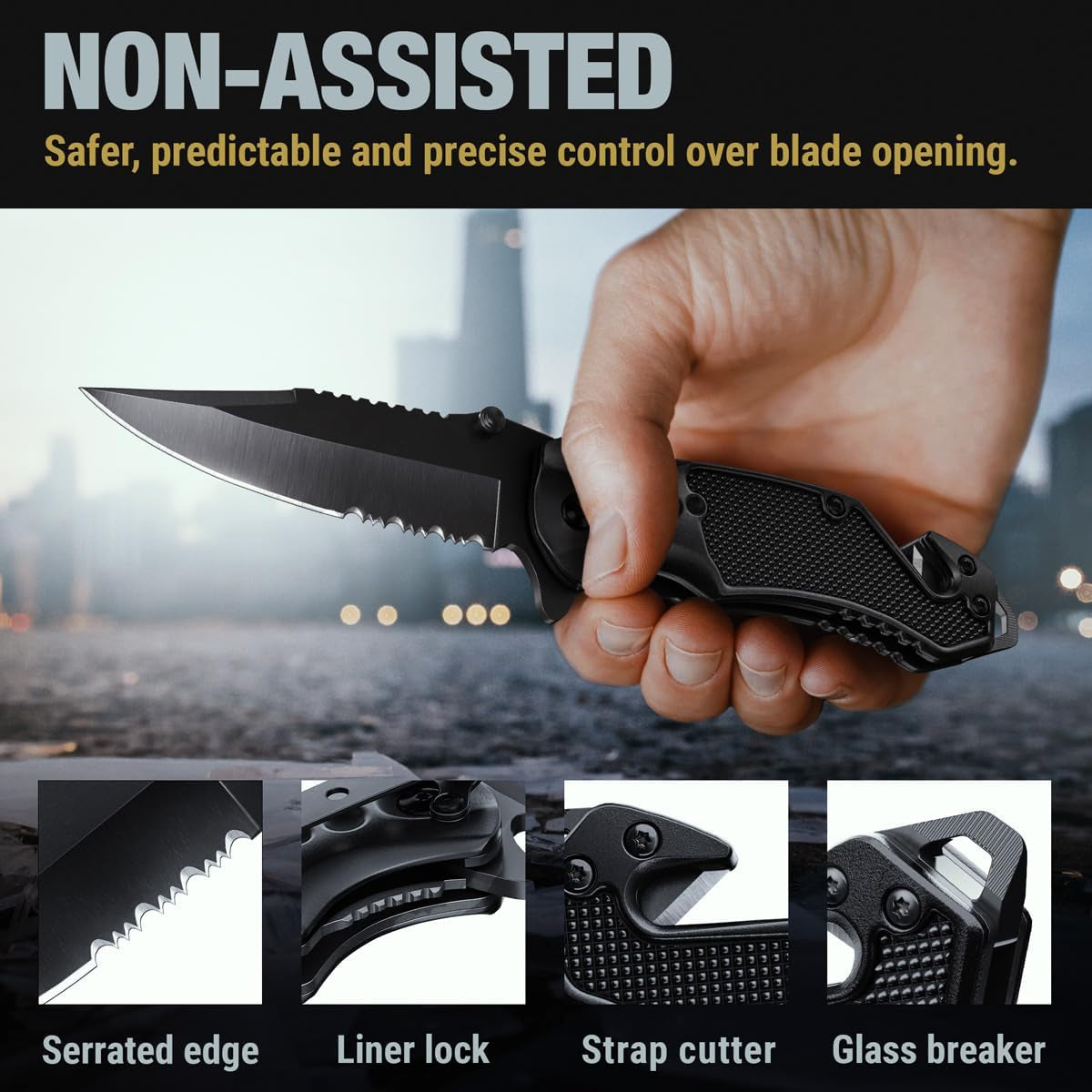 Legal Pocket Knife with 2.95” Serrated Blade, Glass Breaker, Seat Belt Cutter - EDC Sharp Folding Knives with Portable Clip - Small Tool for Tactical Camping Survival Hiking - Gifts for Men, Women