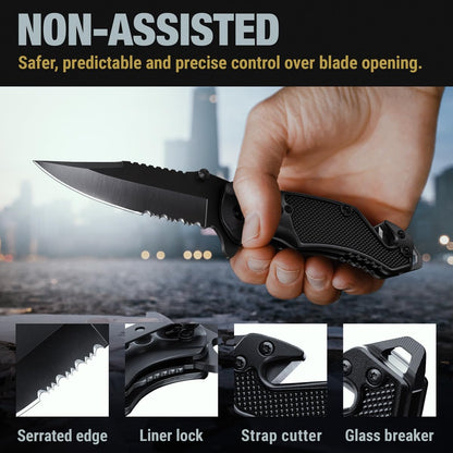 Legal Pocket Knife with 2.95” Serrated Blade, Glass Breaker, Seat Belt Cutter - EDC Sharp Folding Knives with Portable Clip - Small Tool for Tactical Camping Survival Hiking - Gifts for Men, Women
