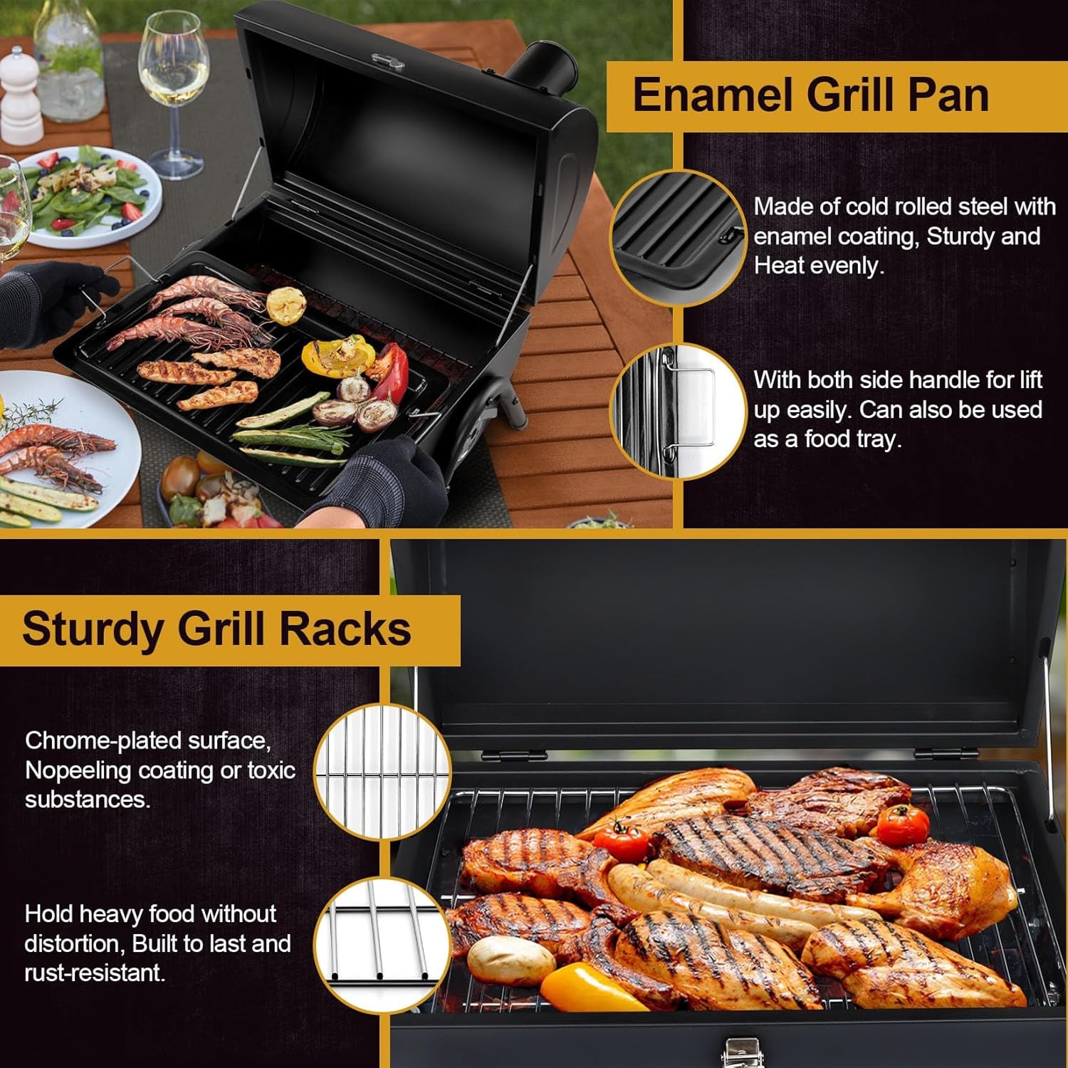 Joyfair Portable Charcoal Grill (2 in 1 Double-Sided), Small Tabletop Barbecue Grill with Food Tray & Rack for Outdoor Camping Home Patio BBQ Grilling, Heavy Duty & Multi-Use, Easy Assembly (230Sq.In)