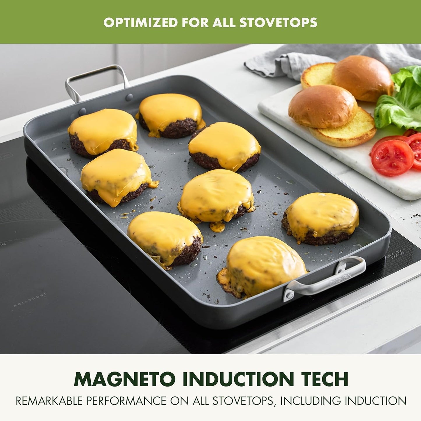 Greenpan Valencia Pro 18" X 11" Double Burner Griddle Pan, Induction Suitable, Ceramic Nonstick Pfas-Free, Rectangular Stovetop Cookware, Stainless Steel Handles, Dishwasher, Oven & Broiler Safe, Gray