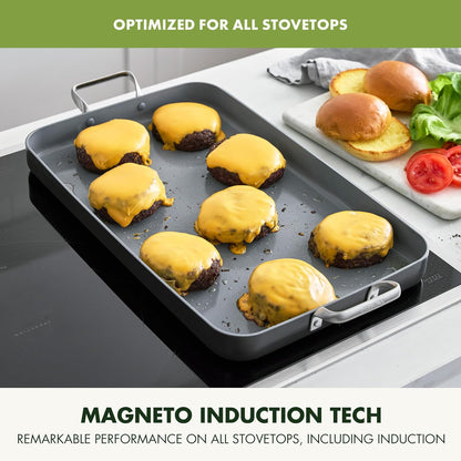 Greenpan Valencia Pro 18" X 11" Double Burner Griddle Pan, Induction Suitable, Ceramic Nonstick Pfas-Free, Rectangular Stovetop Cookware, Stainless Steel Handles, Dishwasher, Oven & Broiler Safe, Gray