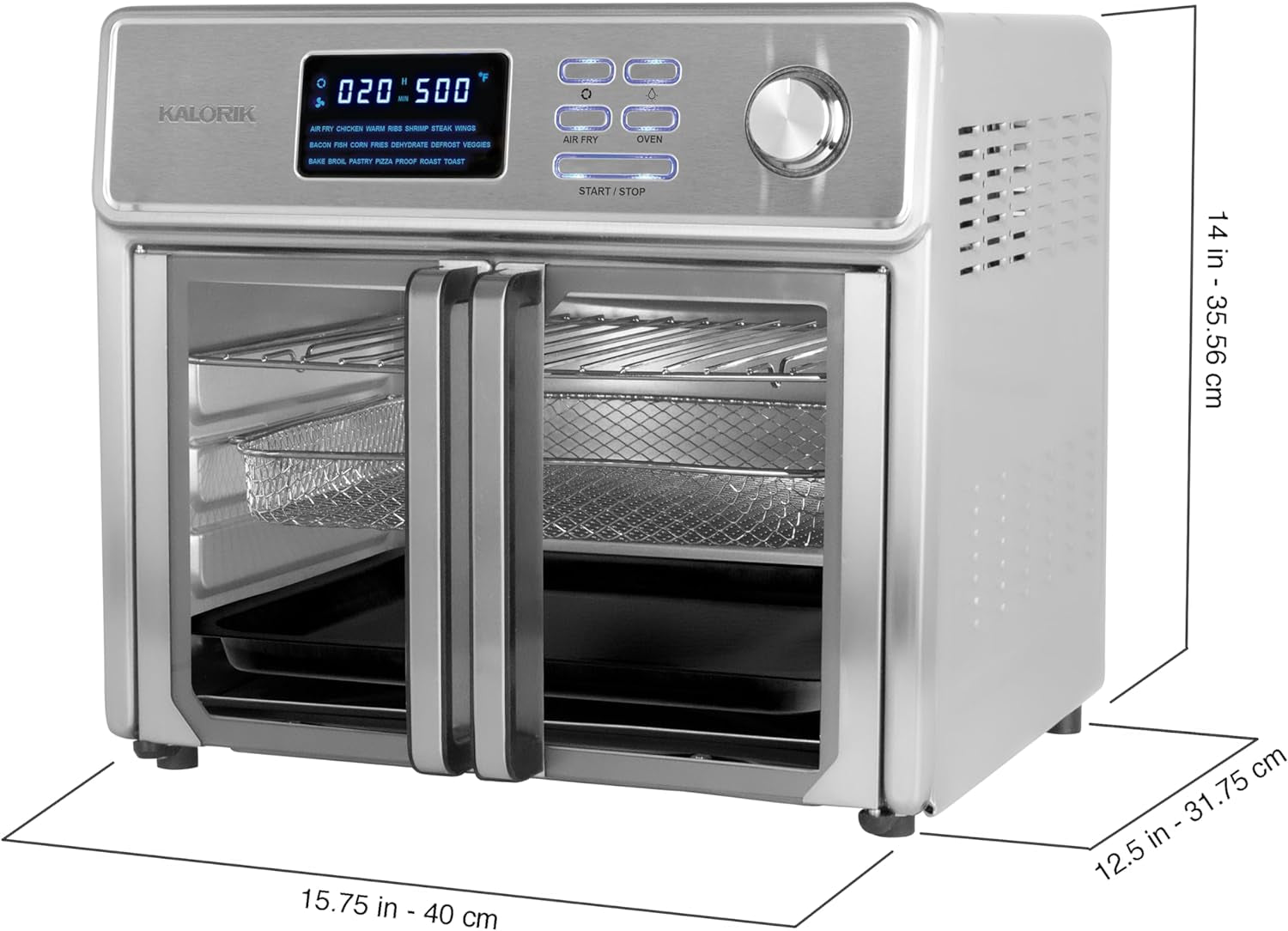 Kalorik MAXX Air Fryer Oven, 26 Quart 10-In-1 Countertop Toaster Oven & Air Fryer Combo - Fry, Bake, Roast, Rotisserie, & More, Large Glass French Doors & 9 Accessories, 1700-Watts, Stainless Steel