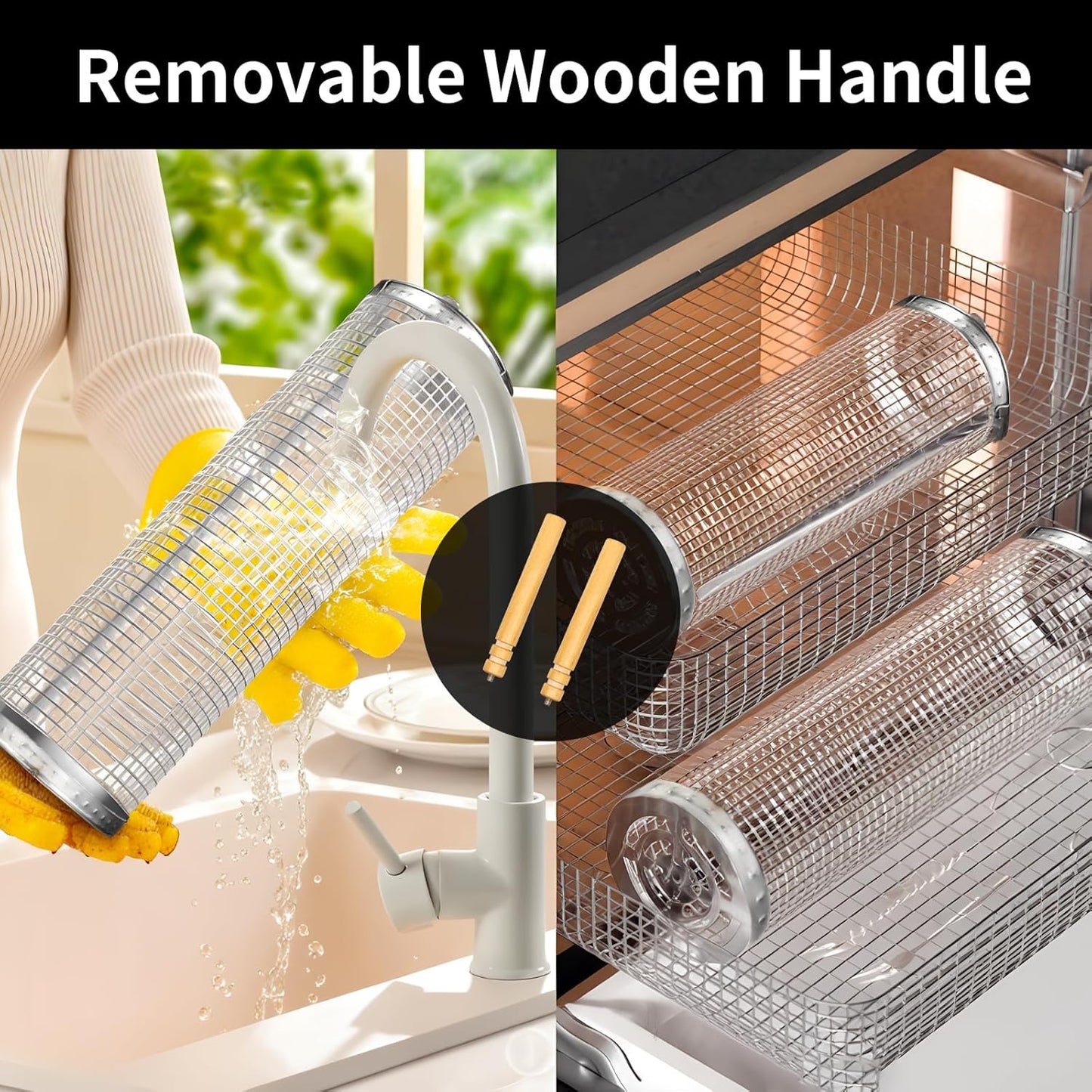 Grill Basket, Stainless Steel Grilling Accessories,Rolling Grill Baskets for Outdoor Grill with Wooden Handle, Practical Grilling Gifts for Men,Bbq Accessories Tool for Vegetable Shrimp, Outdoor Cooking Camping, Birthday Gifts for Men Dad Husband