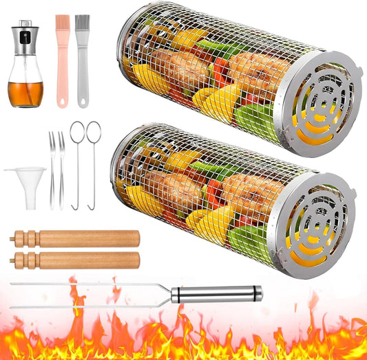 2 PCS Rolling Grilling Baskets for Outdoor Grill BBQ, Stainless Steel Cylinder Grill Mesh Barbeque Grill Accessories, Outdoor round BBQ Stainless Steel Grill Basket Campfire Grill Grid