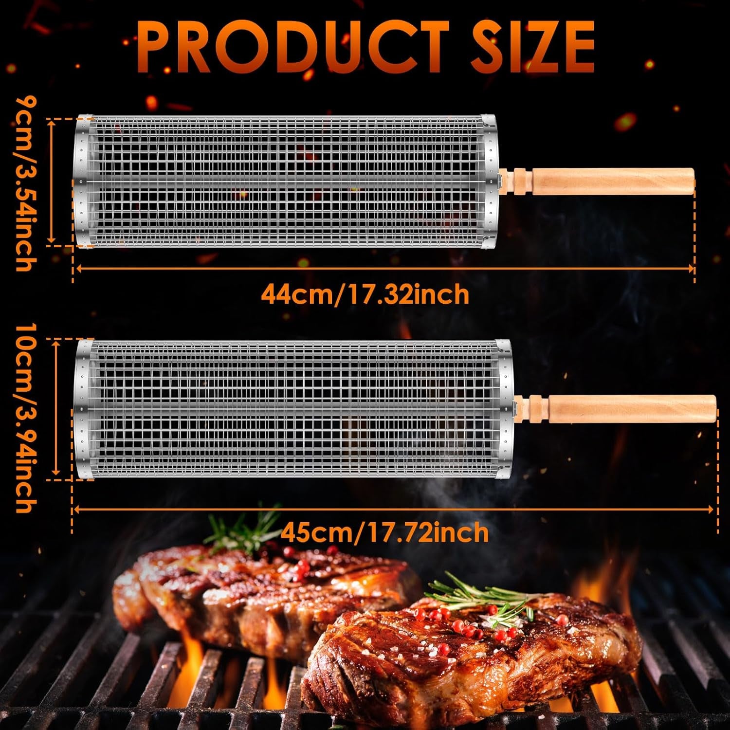 Rolling Grill Baskets for Outdoor Grill, Nesting Grill Baskets with Wood Handle Stainless Tube round Rolling Grill Net Rolling Basket for BBQ Cooking Camping