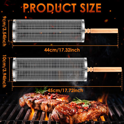 Rolling Grill Baskets for Outdoor Grill, Nesting Grill Baskets with Wood Handle Stainless Tube round Rolling Grill Net Rolling Basket for BBQ Cooking Camping
