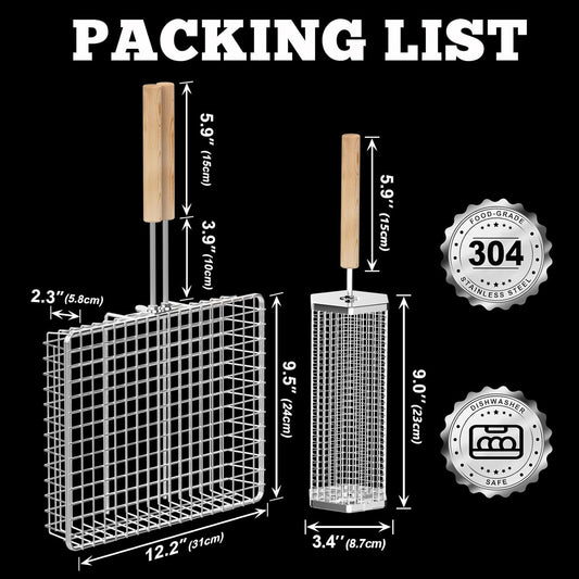 Grill Basket Set(Rectangular+Hexagon), Removable Wooden Handle, 304 Stainless Steel, Rolling Grilling Net, BBQ Accessories Tools for Vegetables Shrimp, Outdoor Cooking Camping, Birthday Gifts for Men Dad Husband