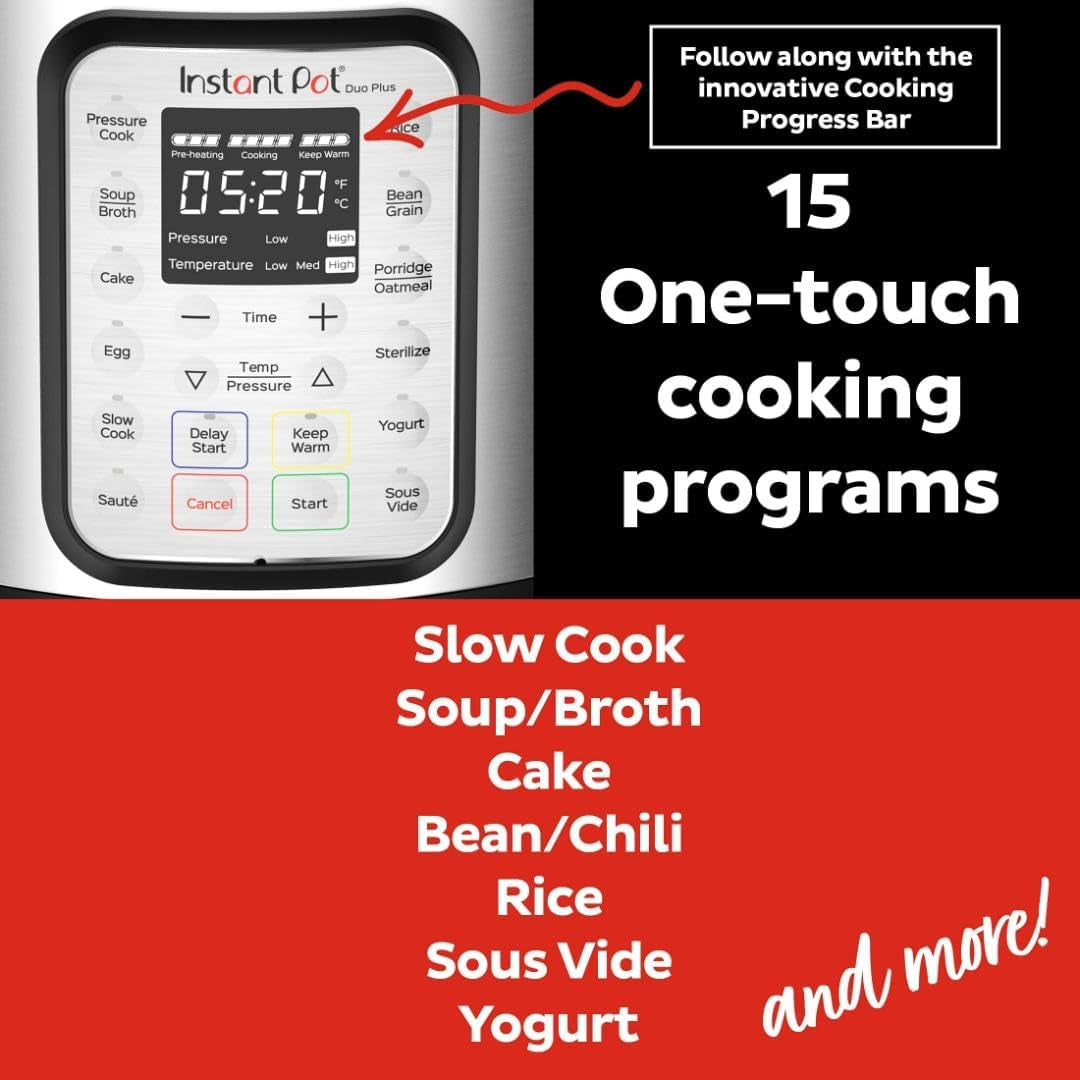Instant Pot Duo plus 9-In-1 Multicooker, Pressure Cooker, Slow Cook, Rice Maker, Steamer, Sauté, Yogurt, Warmer & Sterilizer, Includes App with over 800 Recipes, Stainless Steel, 6 Quarts