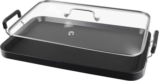 Vayepro 2 Burner Griddle Pan with Glass Lid, Stove Top Flat for Glass Stove Top, Aluminum Pancake, Non-Stick for Gas Grill, Double Burner Camping