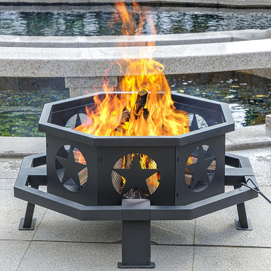 35 Inch Fire Pit for Outside, Heavy Duty Wood Burning Fire Pits,Outdoor Fireplace Octagonal Firepit for Camping, Backyard, Patio